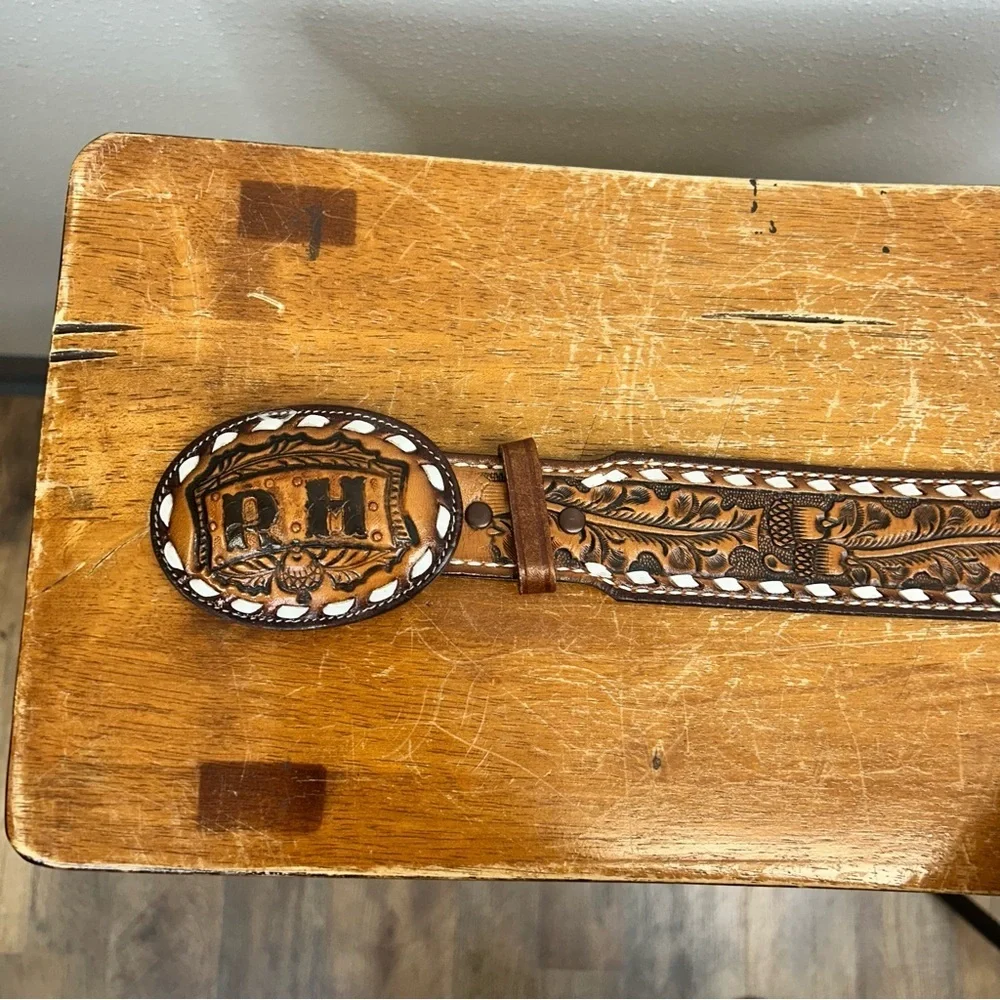Vintage Roger RH Brown Leather Belt Custom Buckle Tony Lama Western Southwestern
